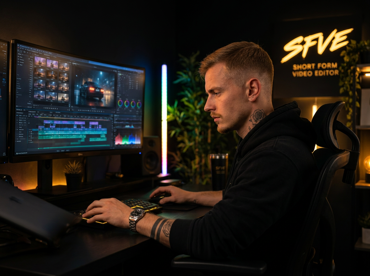SFVE short form video editor grading a vertical edit in his studio